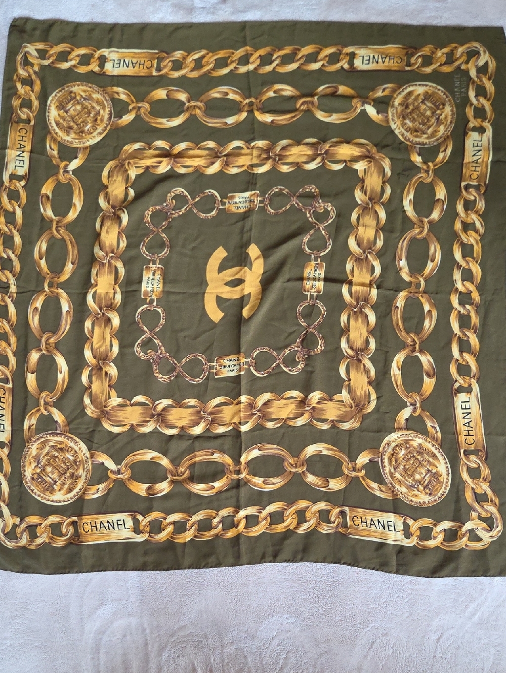 CHANEL Olive Green Silk Scarf with Gold Chain Motif